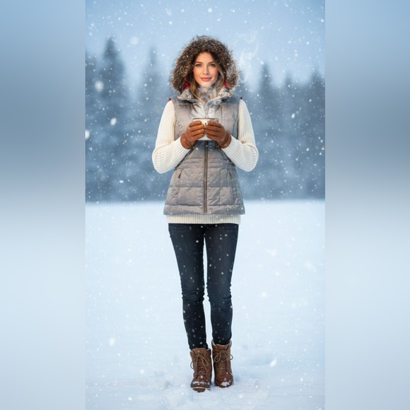 Eddie Bauer Gray Puffer Vest with Faux Fur - Picture 1 of 16